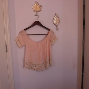 Off the shoulder pink top with design tassels